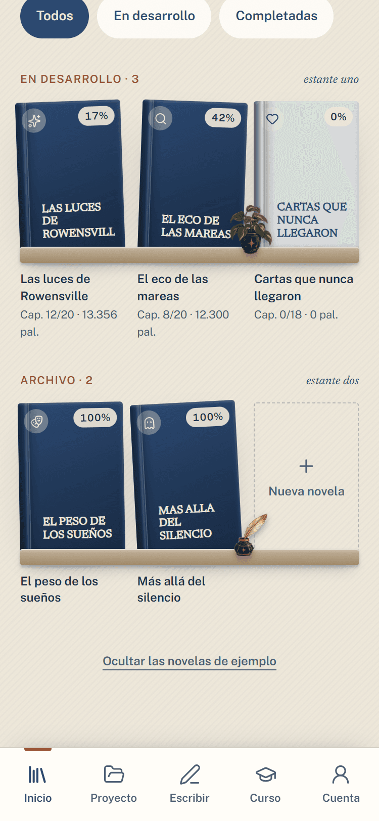 Mis proyectos: cinco novelas como libros sobre un estante, con su avance