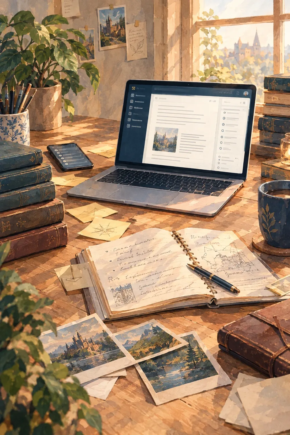 Cuaderno de notas y mapas junto a una laptop, sobre un escritorio de madera