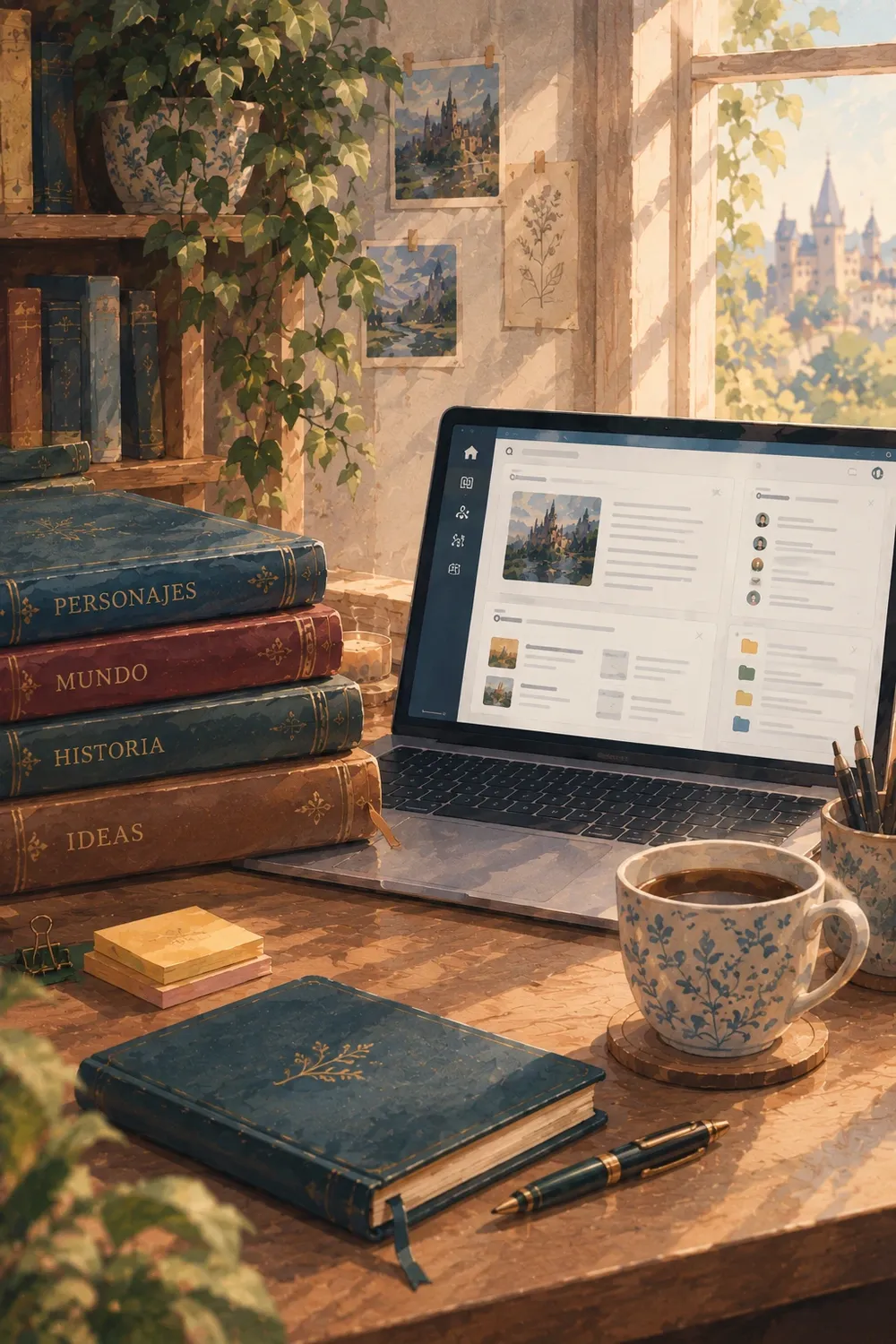 Escritorio con libros de Personajes, Mundo, Historia e Ideas junto a una laptop